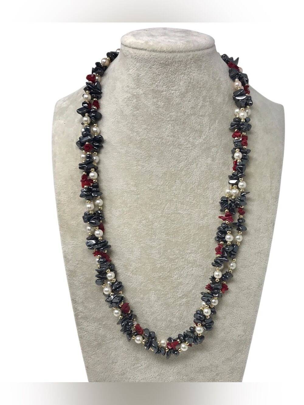 Vintage Necklace Multi-Strand Coral Hematite Faux Pearls & Gold Beads Braided